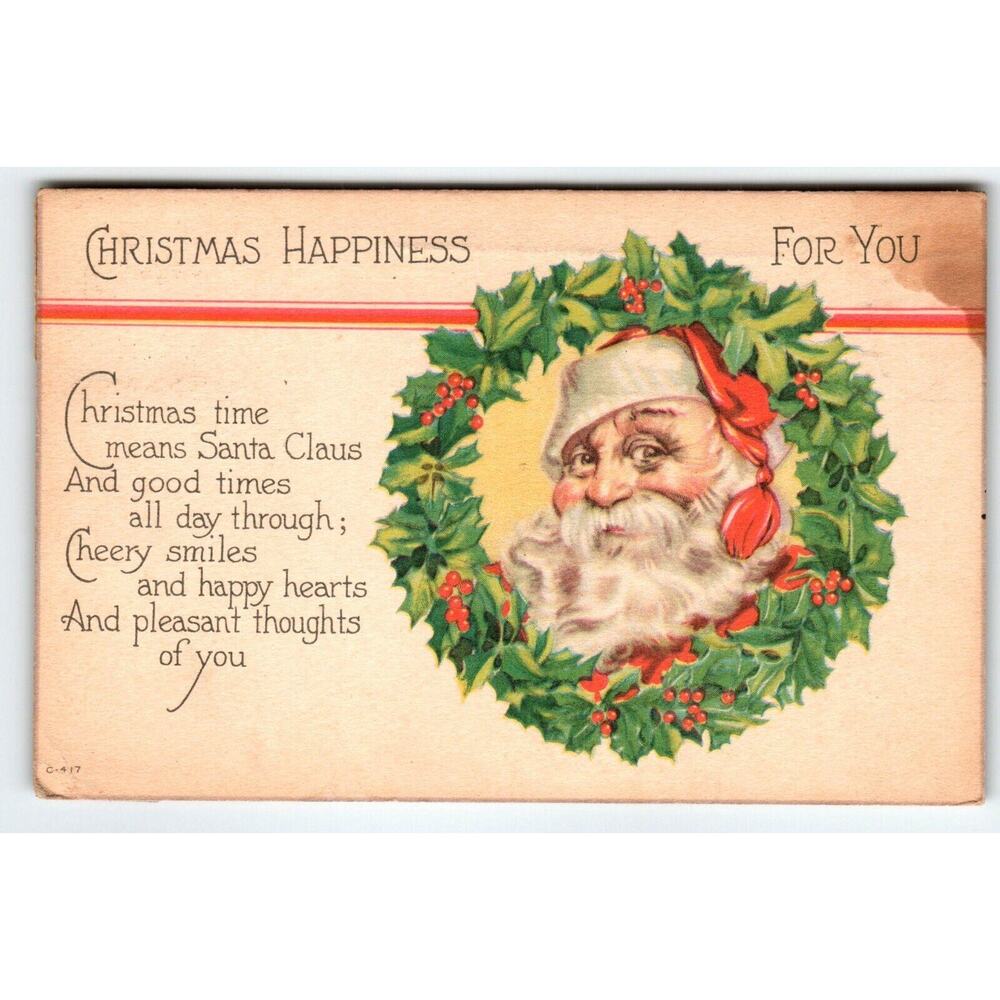 Santa Claus Christmas Postcard 1923 Saint Nick Inside Decorated Wreath Vintage